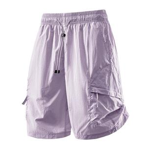 Shorts cargo gris clair pour hommes, séchage rapide, taille à cordon, décontractés, longueur Bermuda, taille mi-haute, en polyester tissé - Product Image 4