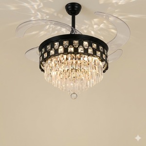 <b>LED</b> Remote Hanging <b>Light</b> for Elegant Living Room Invisible Retractable Blade <b>Ceiling</b> Fan Luxury Black <b>Crystal</b> Chandelier - Product Image 5