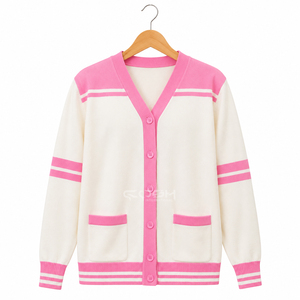 เสื้อคาร์ดิแกนถักไหมพรมสีขาวชมพูตัดกัน แบรนด์ Cosh International Sisterhood แขนยาว คอวี สไตล์ Preppy ติดกระดุมด้านหน้า ทรงปกติ - Product Image 5