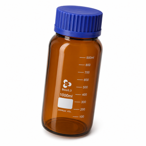 Botella de laboratorio ámbar de vidrio borosilicato de 1000ml Diseño redondo de boca ancha con tapón de rosca de polipropileno y anillo de vertido azul - Product Image 4