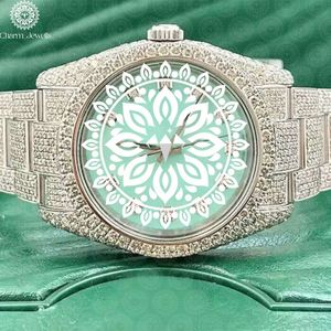 Montre de luxe pour homme Charm_Jewells en acier inoxydable, cadran analogique, incrustée de diamants, motif mandala vert, mouvement mécanique 40 mm, 10 - Product Image 1