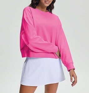 Sudadera de cuello redondo rosa lisa para mujer, informal, con hombros caídos y manga larga - Product Image 6
