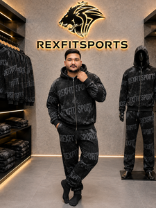 ชุดเซ็ตฮู้ดดี้ซิปสีดำสำหรับผู้ชาย REXFITSPORTS ลายพิมพ์ทั่วตัว สไตล์สปอร์ต สตรีทแวร์ กางเกงจ็อกเกอร์ขายาวพร้อมกระเป๋าข้าง - Product Image 2