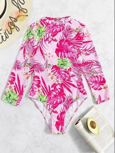 OEM Girls Pink Tropical Floral One Piece <b>Swimsuit</b> <b>Long</b> <b>Sleeve</b> Round Neck Anti UV Spandex Polyester Print Swimwear - Product Image 5