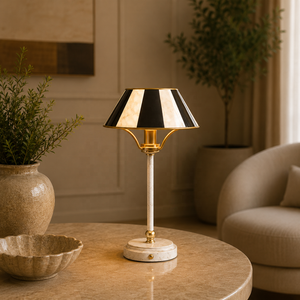 Harlequin Stripe Metal Table <b>Lamp</b> with Geometric Shade Premium Iron Craft Warm Accent Lighting for Designer Interiors - Product Image 1