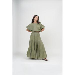 Conjunto de Dos Piezas Verde Oliva para Mujer, Top Corto con Mangas Abullonadas, Falda Larga Plisada, Color Sólido, Estilo Casual de Primavera, Teñido Liso, ODM - Product Image 1