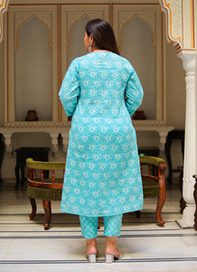 Festive Kurta <b>Pant</b> Dupatta Set Cotton Floral Printed Sky Blue Round Neck <b>Three</b> <b>Quarter</b> Sleeve Plus Size Women Wholesale Set - Product Image 5