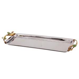Hot Seller Elegant Two Tone Silver Rectangle <b>Serving</b> <b>Tray</b> With Ornate <b>Gold</b> Leaf Branch Handles Polished Metal Platter Good Price - Product Image 1