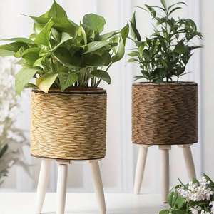 Pot de fleurs tissé à la main avec support en bois, vase rond pour plantes d'intérieur, fabriqué en Chine pour la décoration de la maison - Product Image 1