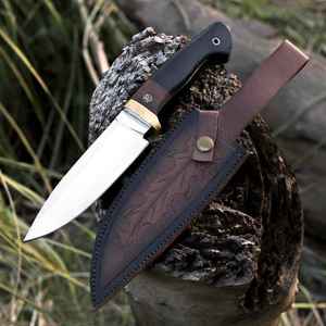 Cuchillo de caza de hoja fija de acero inoxidable con mango negro, espaciador de palisandro, bolster de latón, punta de gota, para desollar, EDC, para campamento, directo de fábrica - Product Image 6