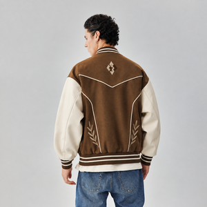 Blouson universitaire imperméable marron pour homme, style urbain, en mélange de coton, coupe droite, col montant, logo frontal, idéal pour l'hiver - Product Image 2