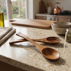 Utensilios de Cocina de Madera de Suar de Grado Alimenticio con Incrustaciones de Cáscara de Coco Oscura, Color Marrón Claro, Hermosos Utensilios para Servir y Cocinar - Product Image 2