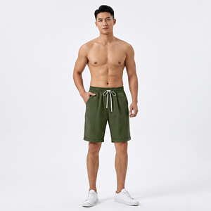 Shorts Bermuda en coton vert uni pour homme avec cordon de serrage à la taille et poches, décontractés, respirants, mi-longs - Product Image 3