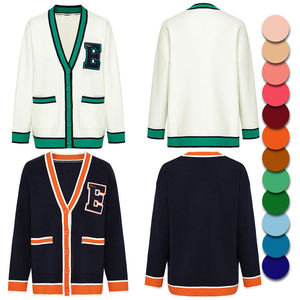 เสื้อคาร์ดิแกนคอวีสไตล์พรีปปี้สำหรับผู้หญิง ปักตัวอักษร E แต่งขอบสีส้ม กระดุมแถวเดียว ผ้าถัก สำหรับฤดูหนาว - Product Image 3