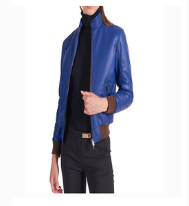 Women's blue Genuine Leather Moto Jacket Full Sleeve <b>Zipper</b> Closure Stand Collar Autumn Style - Product Image 4