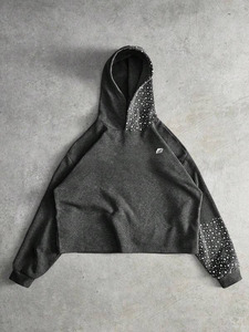 Unisex Cropped Fleece Hoodies <b>For</b> Men's Rhinestone Back Graphic Contrast Sleeve Street wear Pullover Custom Bulk Supply USA - Product Image 3