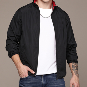 Men's Black Bomber <b>Jacket</b> Solid Color Stand Collar Zipper Closure Windproof Casual Autumn Wear Regular Fit Polyester Material - Product Image 1