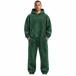 Ensemble de survêtement homme vert oversize délavé à l'acide, en coton épais, avec sweat à capuche et pantalon de jogging, style streetwear, personnalisable avec marque privée - Product Image 1