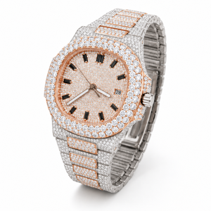Reloj de Lujo de Dos Tonos con Incrustaciones de Moissanita, Esfera de Acero Inoxidable con Pavé, Visualización de Fecha, Reloj de Cuarzo para Hombre - Product Image 5
