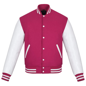 Men's Pink White Varsity Jacket Preppy Style PU Leather Sleeve Turn-down Collar Regular Fit Autumn Wear - Product Image 1