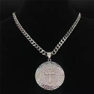 Collar de Cadena Cubana con Colgante Redondo de Moissanita Color Plata y Amuleto Ankh para Hombre, Joyería Streetwear - Product Image 5
