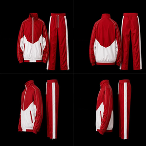 Survêtement Homme Rouge et Blanc Color Block à Capuche avec Cordon de Serrage, Style Streetwear Sportif, Vêtement d'Entraînement Respirant en Nylon, Coupe Ample, Idéal Été - Product Image 3