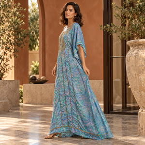 Printed Paisley <b>Kaftan</b> Dress with Gold Embellished V Neck and Batwing Sleeves | Flowing Full Length Modest Resort Wear <b>for</b> <b>Women</b> - Product Image 4