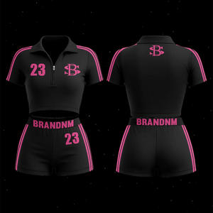 Custom Men's Black Pink Jersey Sporty Crop Top Shorts Set Short Sleeve Contrast Trim Printed Letter Pattern Slim Fit Front <b>Logo</b> - Product Image 2