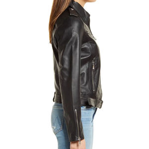 Chaqueta de Motociclista de Cuero Negra para Mujer, Cuello Camisero, Cierre de Cremallera, Corte Ajustado, Manga Regular, Color Sólido, para Otoño - Product Image 2