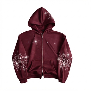 Sweat-shirt à capuche unisexe en strass bordeaux, fermeture éclair, décontracté, hiver, coupe classique, tissu tricoté, motif étoile - Product Image 1