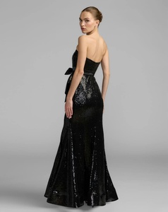 Robe de soirée fourreau noire à manches courtes avec nœud, longueur ras du sol, élégante robe de soirée formelle 100% polyester satin anti-plis - Product Image 2