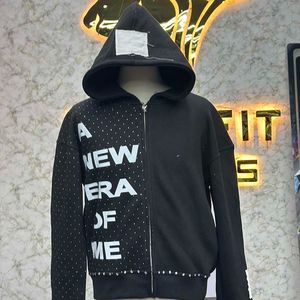 Competitive Price Unique Design Zipper Distressed Hoodie Rhinestone Zip up <b>Jacket</b> Acid Wash Men <b>Fleece</b> Streetwear Hoodie - Product Image 1