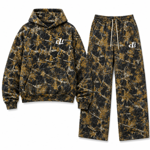 Conjuntos de sudaderas con capucha de camuflaje de alto rendimiento, estilo oversize y corte holgado, con estampado de camuflaje forestal personalizado en toda la prenda, y joggers de pierna ancha de felpa de algodón de alto gramaje. - Product Image 4