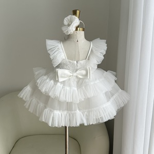 166 Girls White Princess Dress Lace Bodice Flutter Sleeves Tiered Ruffle Tulle Skirt Back Bow <b>Hair</b> <b>Clip</b> Soft by Nhung Nguyen - Product Image 4