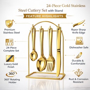 Juego de Cubiertos de Acero Inoxidable de Lujo Moderno de 24 Piezas con Soporte, Acabado Espejo, Premium y Duradero, Cuchara, Tenedor y Cuchillo para Comedor - Product Image 2