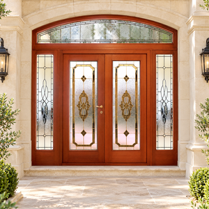 Portes d'entrée doubles en bois sur mesure pour résidences, avec panneaux en vitraux et transom arqué, pour usage extérieur, Villa GA-52 - Product Image 5