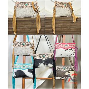 Factory Price Wholesale Women's Fashion Shoulder Handbags Tooled Cowhide Fur Leather Adjustable Strap Large Capacity Fringebags - Product Image 1