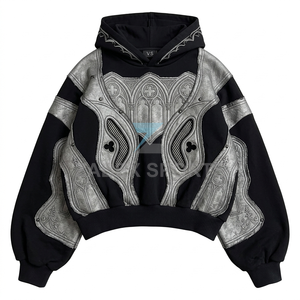 Sweat à capuche d'hiver pour homme en 100% coton, délavé à l'acide, vintage, patchwork, à bords vieillis, brodé, en tissu épais, style décontracté - Product Image 1