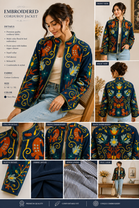 Hand Embroidered Velvet <b>Jacket</b> With Mandarin Collar Full Sleeve Floral <b>Pattern</b> Winter Style <b>Quilted</b> Design - Product Image 6