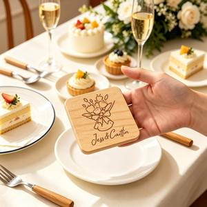 Custom Wooden Square Coaster Engraved With Names And Floral Design Cute Reusable <b>Table</b> Pad For Home <b>Kitchen</b> Decor - Product Image 1