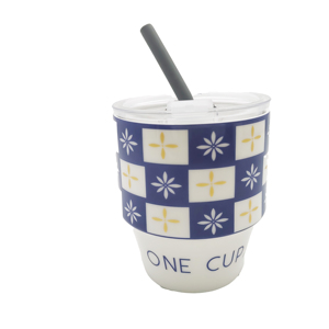 12oz Checkered Floral Pattern <b>Double</b> <b>Wall</b> Vacuum Insulated Stainless Steel Travel <b>Mug</b> with Splash-proof Straw Lid - Product Image 4