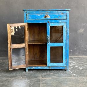 Meilleure collection d'armoires de rangement en bois bleu faites à la main avec porte en verre et tiroir, art himalayen antique - Product Image 2