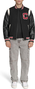 <b>Men's</b> Black Varsity <b>Jacket</b> PU <b>Leather</b> Sleeves Embroidered C Logo Zipper Closure Preppy Style Autumn Wear Regular Fit - Product Image 5