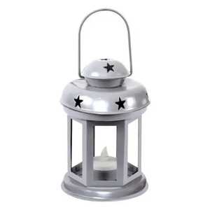 Hexagonal ornate lantern pink glass panels perforated <b>top</b> handle rustic farmhouse indoor outdoor candle holder festive lighting - Product Image 4
