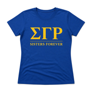 T-shirt unisexe décontracté à col rond et manches courtes, imprimé graphique « Sisters Forever » pour sororité grecque, bleu roi et or - Product Image 3