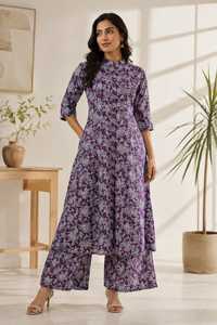 Ensemble Kurta Plazo pour femmes, en coton violet à imprimé floral, coupe trapèze, manches trois quarts, col mandarin, tenue décontractée ethnique traditionnelle - Product Image 6