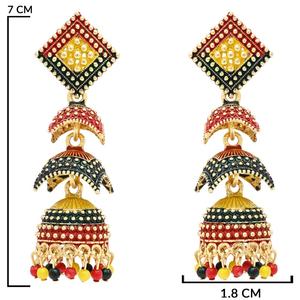 Boucles d'oreilles pendantes Jhumka plaquées or 24 carats multicolores avec motif Meenakari - Product Image 4