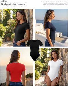 Combinaison pour femme à manches courtes, col rond, couleur unie, extensible, vêtements de sport, coupe ajustée, toutes saisons, tricot en spandex et coton - Product Image 4