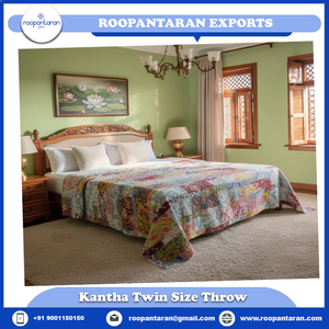 Natural Cotton Kantha Twin Quilt <b>Throw</b> 150x220 cm Hand Block Printed Hand Embroidered Indian Handmade Bedspread Home Bedding Set - Product Image 2