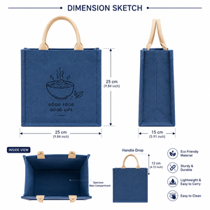 Bolsa de Almuerzo Azul de Yute, Ecológica, Duradera, Espaciosa, Ligera, para Oficina, con Estampado 'Good Food Good Life' - Product Image 2